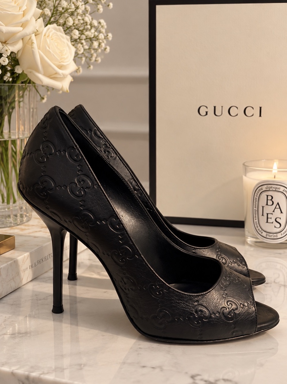 Gucci Black GG-Embossed Leather Peep-Toe Stilettos